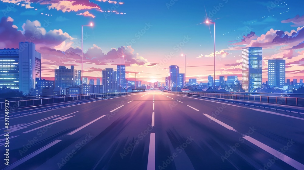 Obraz premium An asphalt road and a modern city depicted in anime style.