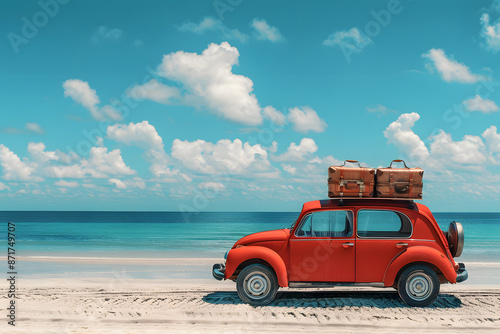 red vintage car parked on sandy beach with luggage strapped to the roof The turquoise sea and clear blue sky create a perfect backdrop for summer adventure