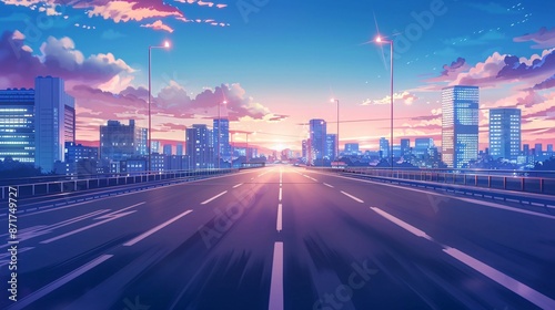 An asphalt road and a modern city depicted in anime style.