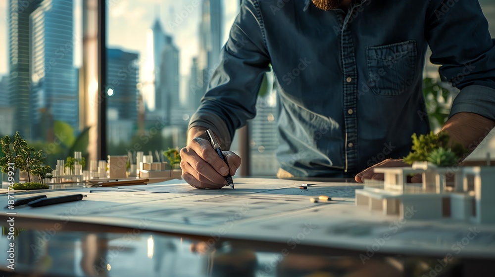 Obraz premium Highresolution image of a focused architect drafting blueprints and designs on a sleek modern drafting table