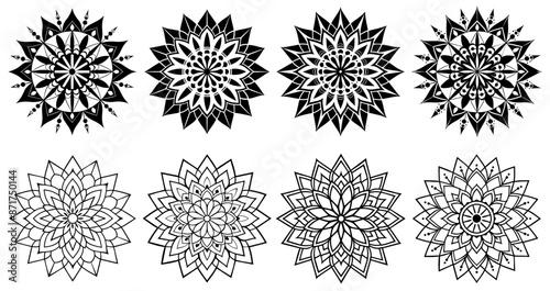 Set eight different black and white mandalas are displaying beautiful and ornate patterns, representing spiritual and religious traditions