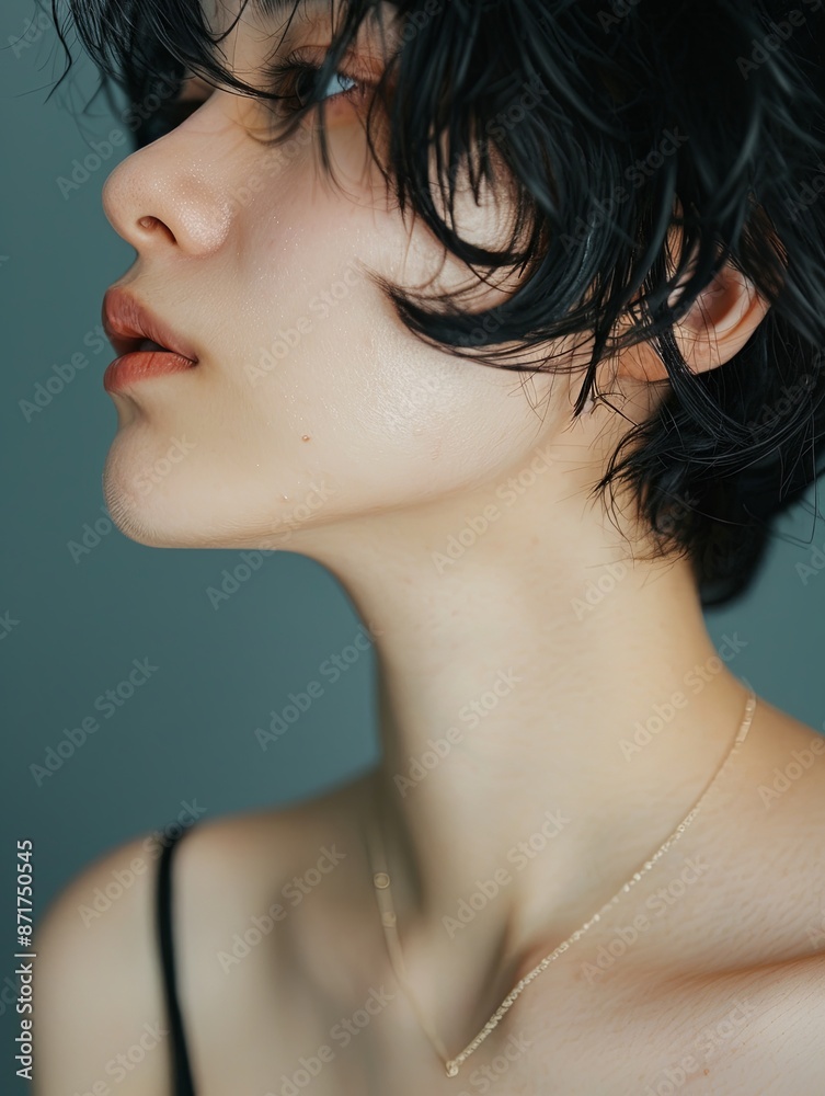 Fototapeta premium Close-up of neck area with collarbone, short hair, natural skin 