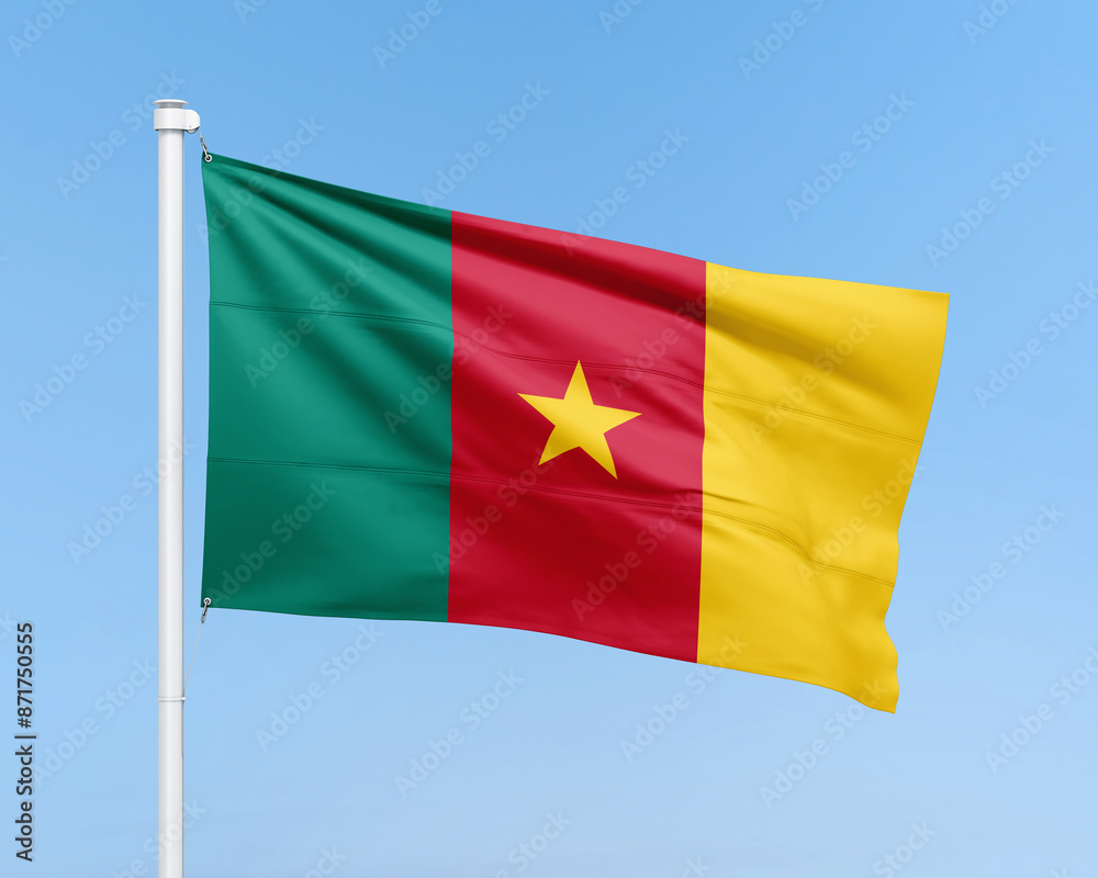 Cameroon flag on stick on sky background. Realistic flag illustration Cameroon flag on stick on sky background. Realistic flag illustration