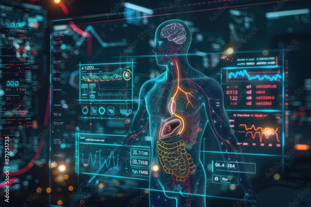 Fototapeta premium A man's body is displayed on a computer screen with a glowing stomach