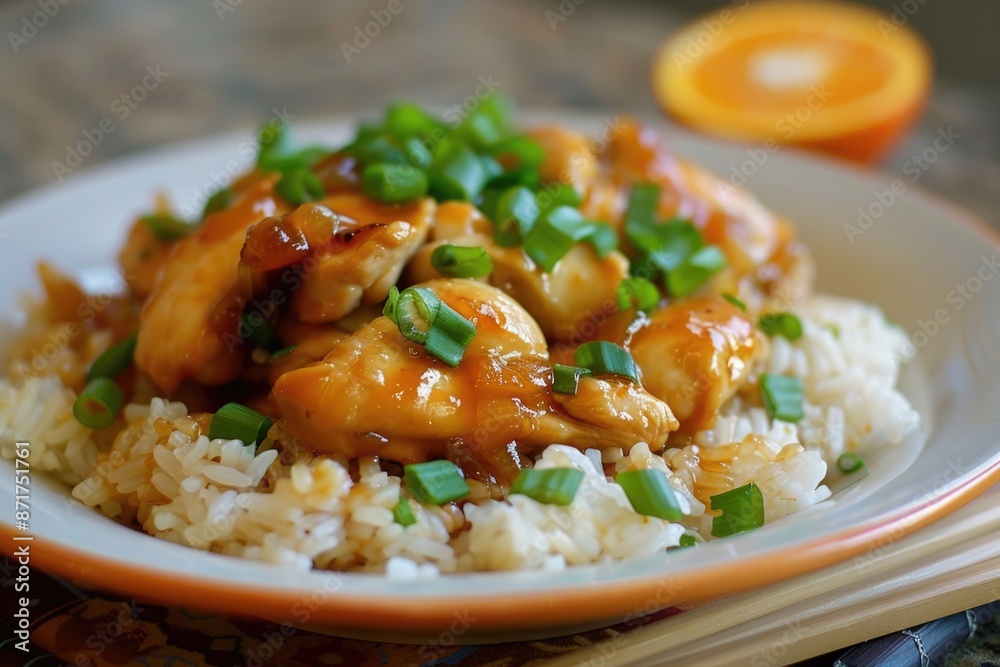 Chinese Rice. Asian Orange Chicken with Green Onions, a Delicious Dinner Food Chinese Rice. Asian Orange Chicken with Green Onions, a Delicious Dinner Food
