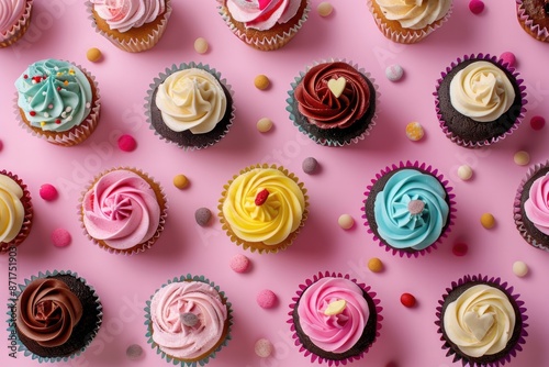 Cupcake Isolated. Assorted Mini Cupcakes Arranged Against a Bright Pink Background
