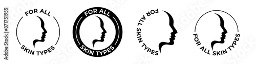 For all skin types icons, face cream cosmetics vector stamps. For all skin types signs for face skincare cosmetic with face silhouettes