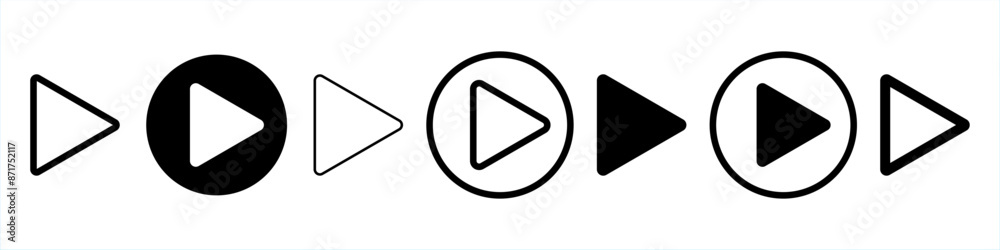 Play button icons for video playback music audio player, vector symbols. Play button in circle icons Play button icons for video playback music audio player, vector symbols. Play button in circle icons