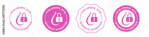 Hyaluronic acid icons with drop water for intensive active hydration, vector seals. Hyaluronic acid hydrate icons for cosmetics