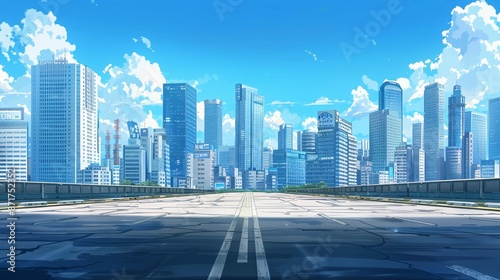 An asphalt road and a modern city depicted in anime style.