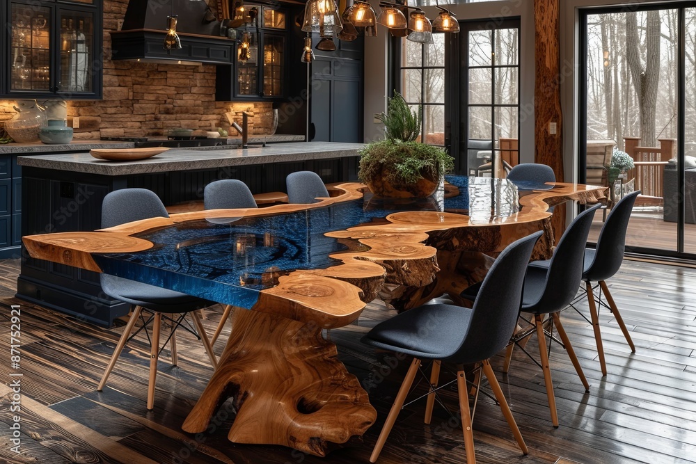 Fototapeta premium Large wooden table with epoxy resin with blue chairs. The room has a warm and inviting atmosphere