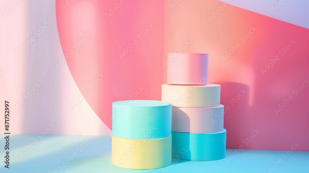 Pastel-colored cylinders on a vibrant background Pastel-colored cylinders on a vibrant background