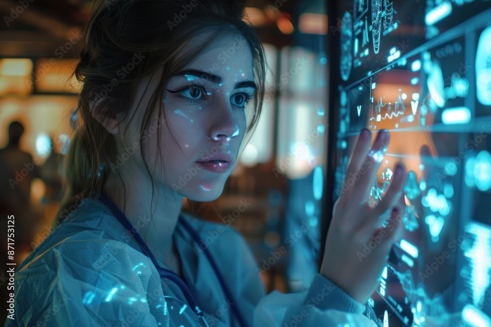 A woman is looking at a computer screen with a blue screen A woman is looking at a computer screen with a blue screen