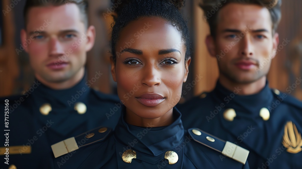 An African American woman in a navy blue uniform stands confidently An African American woman in a navy blue uniform stands confidently