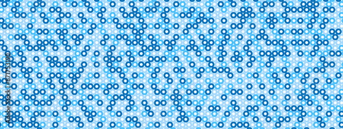 Blue abstract background of hollow dots. Mosaic texture of random particles. Chaotic ornament. Linear pattern. Design of  banner, poster on website,  social networks. Vector illustration 