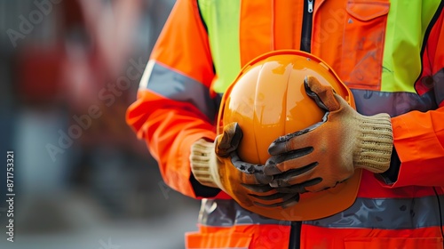 A construction worker in safety gear, holding a hard hat in one hand photo