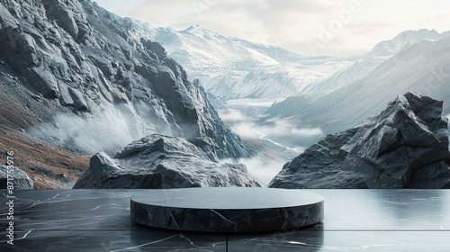 A sleek black marble pedestal on a marble floor. Place the pedestal in a majestic mountain landscape with snow-capped peaks, a valley, river, and fog.