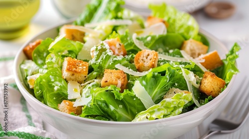 A fresh Caesar salad with crisp romaine lettuce, crunchy croutons, parmesan cheese, and creamy Caesar dressing, served in a white bowl.