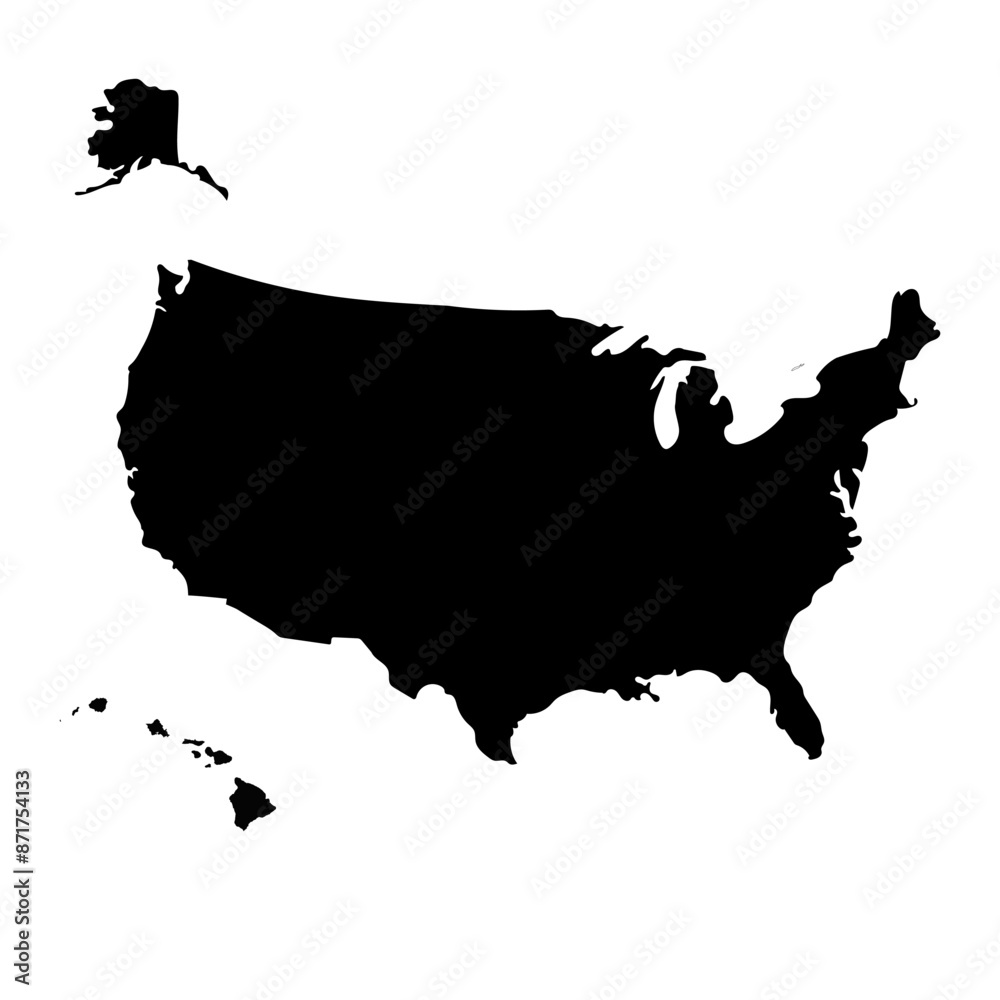Hand drawn black map of USA. Silhouette, North America geography. United states of America, Alaska, Hawaii. Vector isolated on white background Hand drawn black map of USA. Silhouette, North America geography. United states of America, Alaska, Hawaii. Vector isolated on white background