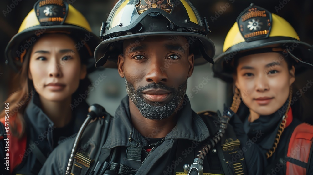A Black male firefighter in full gear stands proudly with two Asian female firefighters in identical uniforms A Black male firefighter in full gear stands proudly with two Asian female firefighters in identical uniforms