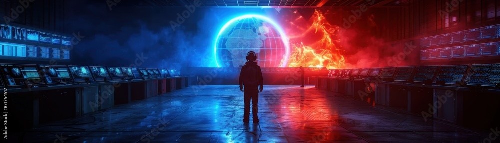 Futuristic Command Center with Holographic Earth and Fiery Globe Displayed on Screens