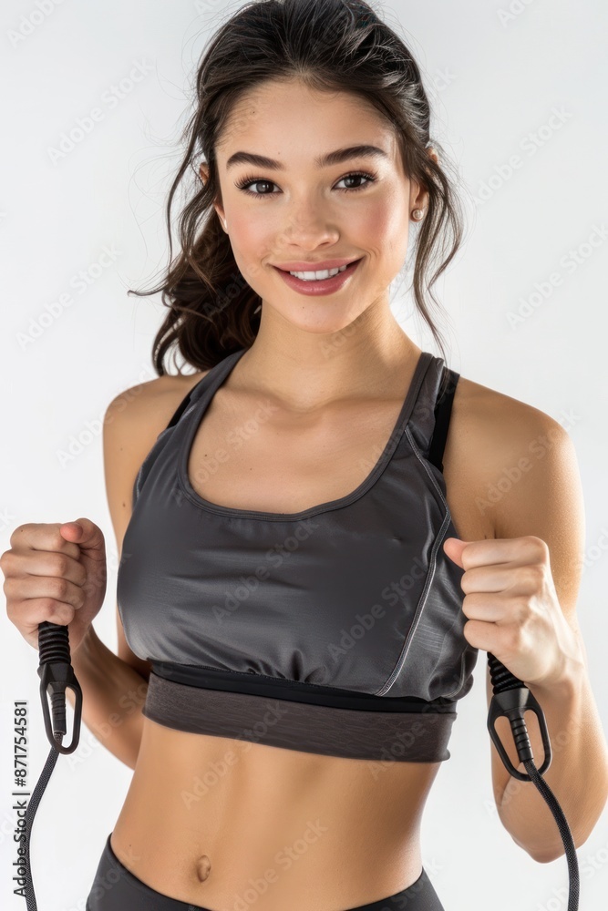 Fitness trainer holding a jump rope, wearing fitness attire, smiling and ready for a workout, Portrait half-body, hyper-realistic, high detail, photorealistic, white background, studio lighting, Key Fitness trainer holding a jump rope, wearing fitness attire, smiling and ready for a workout, Portrait half-body, hyper-realistic, high detail, photorealistic, white background, studio lighting, Key