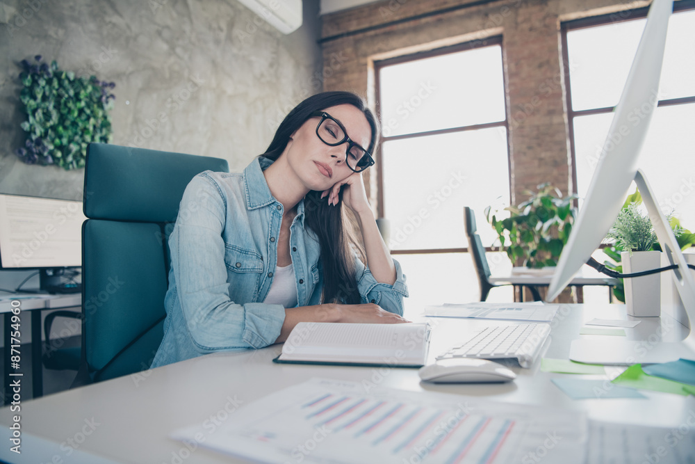 Photo portrait of lovely lady boring video call meeting dressed stylish denim garment modern workplace working office coworking indoor Photo portrait of lovely lady boring video call meeting dressed stylish denim garment modern workplace working office coworking indoor