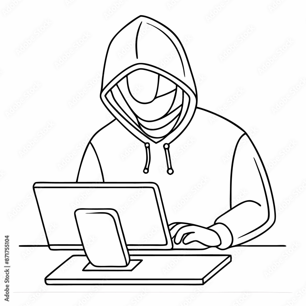 single line drawing of a computer hacker stereotype in a line art ...