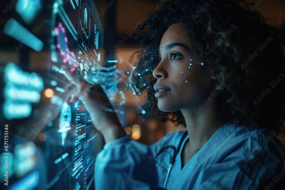 A woman is looking at a computer screen with a lot of data on it A woman is looking at a computer screen with a lot of data on it