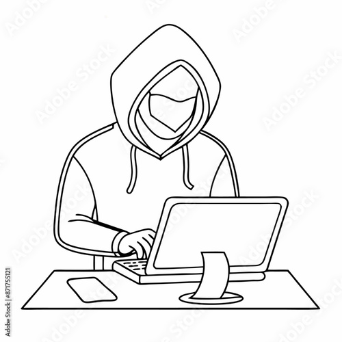 single line drawing of a computer hacker stereotype in a line art vector illustration (26)