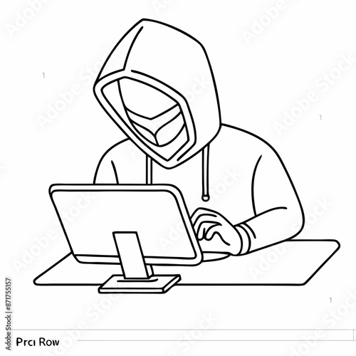 single line drawing of a computer hacker stereotype in a line art vector illustration (4)