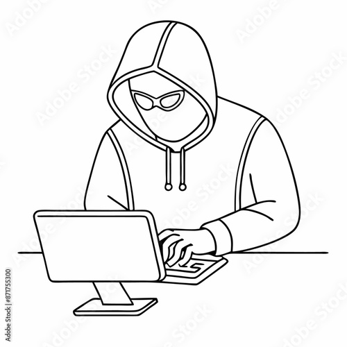 single line drawing of a computer hacker stereotype in a line art vector illustration (12)