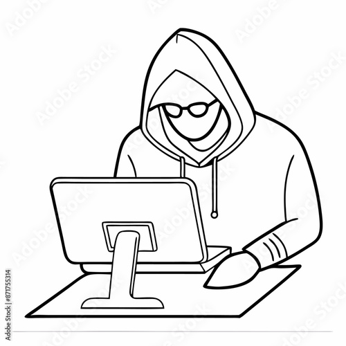 single line drawing of a computer hacker stereotype in a line art vector illustration (13)