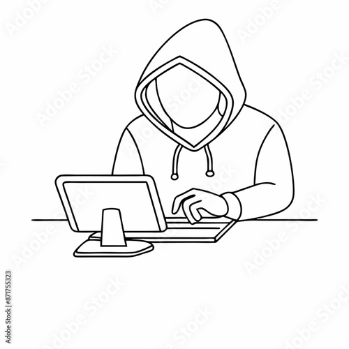 single line drawing of a computer hacker stereotype in a line art vector illustration (14)