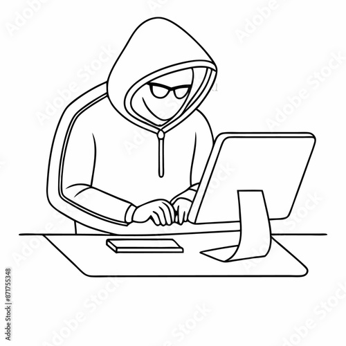 single line drawing of a computer hacker stereotype in a line art vector illustration (16)