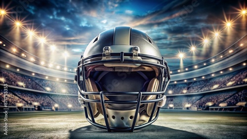 Dramatic close up of empty football helmet on blurred stadium background highlighting intense athletic equipment with precise sporty details. photo