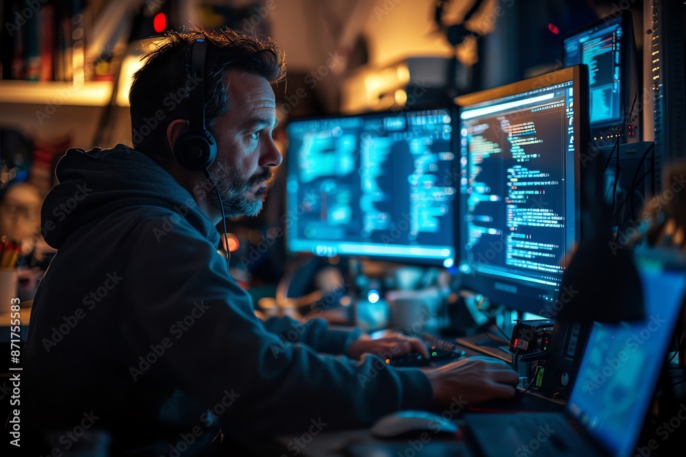 A software engineer coding late into the night, surrounded by multiple computer screens displaying lines of complex code and debugging tools A software engineer coding late into the night, surrounded by multiple computer screens displaying lines of complex code and debugging tools