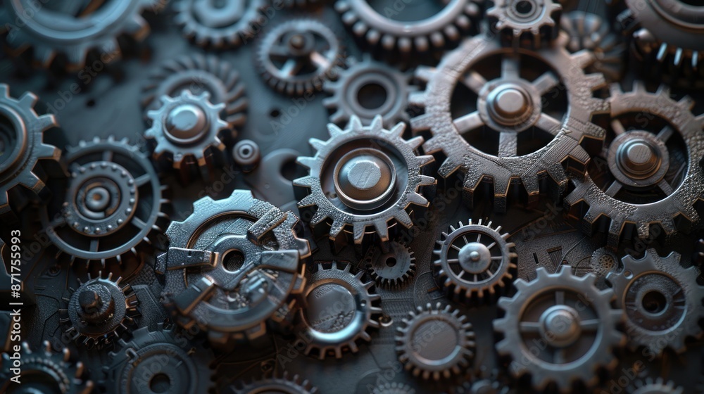 An intricate 3D background of interlocking gears and cogwheels meshing together in perfect harmony. The metallic textures and reflections create a striking visual effect. The detailed arrangement of An intricate 3D background of interlocking gears and cogwheels meshing together in perfect harmony. The metallic textures and reflections create a striking visual effect. The detailed arrangement of