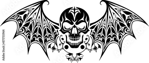 Vektor Hintergrund Gothic Style - Totenkopf mit Ornamenten und Flügel - Design Element - Dark Fantasy - Fledermaus Tattoo Silhouette