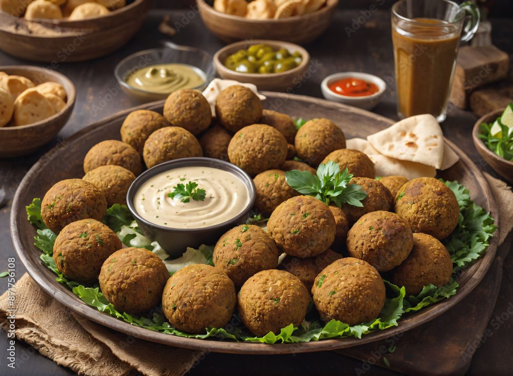 A tray of baked falafel served with tahini sauce and fresh pita bread. A tray of baked falafel served with tahini sauce and fresh pita bread.