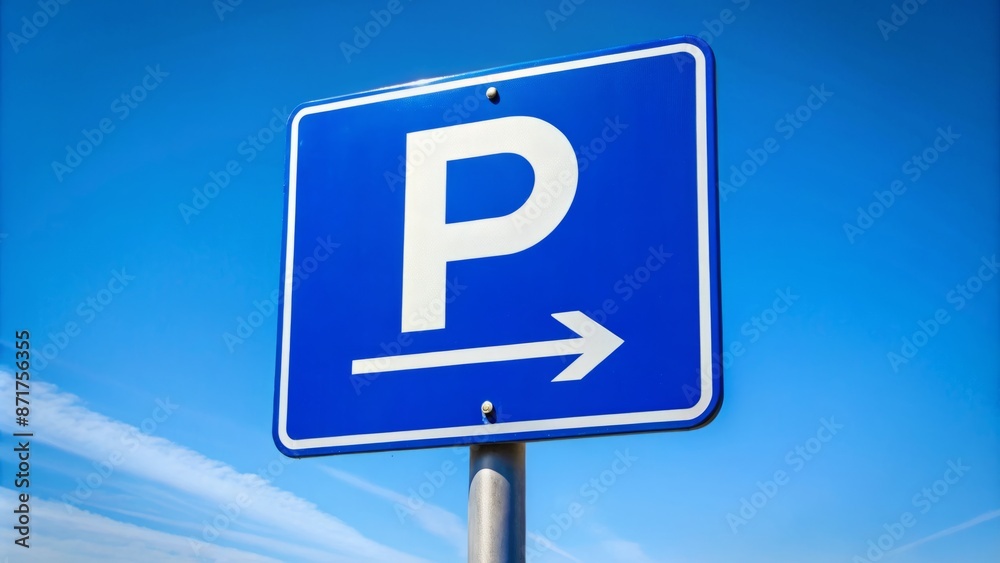 Empty blue parking sign with white letters and arrow pointing to the right against a clear blue sky background. Empty blue parking sign with white letters and arrow pointing to the right against a clear blue sky background.