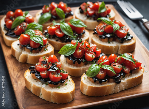 A tray of bruschetta topped with diced tomatoes, basil, and a drizzle of balsamic glaze.