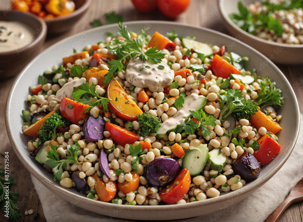 A bowl of barley salad with roasted vegetables and a tahini dressing.