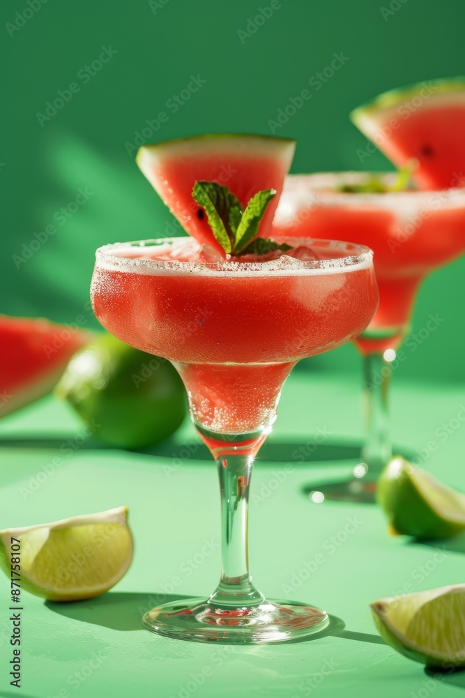 Party Cheers: Watermelon Margarita Cocktail on Green Background Party Cheers: Watermelon Margarita Cocktail on Green Background