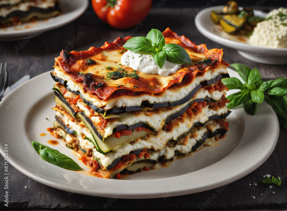 A plate of roasted vegetable lasagna with layers of eggplant, zucchini, and ricotta. A plate of roasted vegetable lasagna with layers of eggplant, zucchini, and ricotta.
