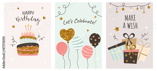 Set of birhday cards with cake and glitter. Set of cute birthday greeting cards vector design. Set of birthday cards. Vector for postcards 