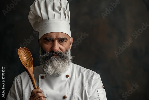A chef in traditional chef attire, holding a wooden spoon in one hand photo