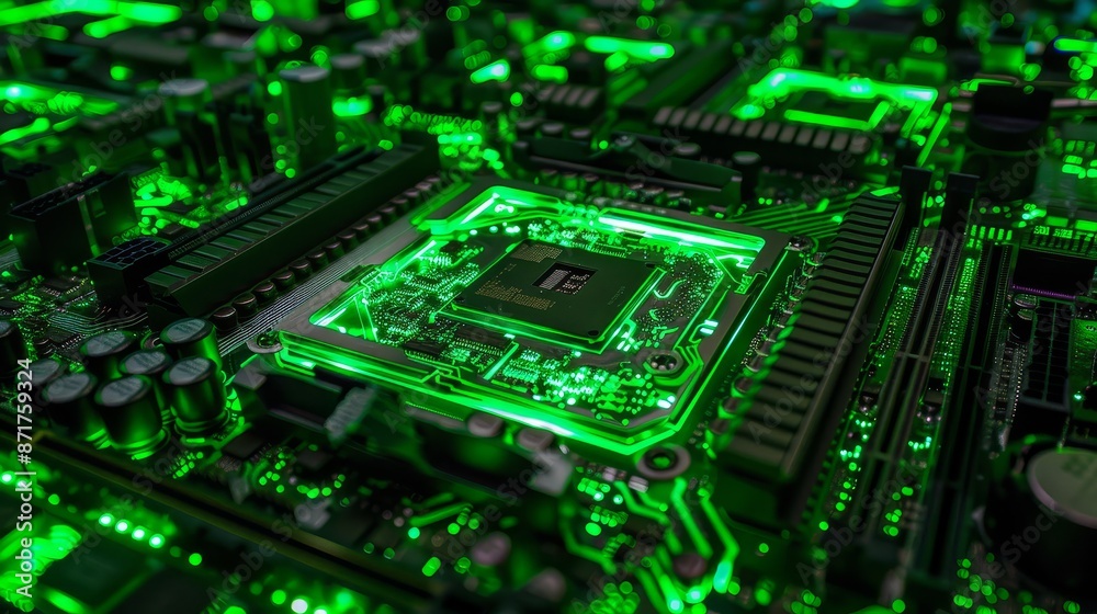 Green Circuit Board - A close-up image of a green circuit board with glowing lines, showcasing the intricate details of modern technology. - A close-up image of a green circuit board with glowing line Green Circuit Board - A close-up image of a green circuit board with glowing lines, showcasing the intricate details of modern technology. - A close-up image of a green circuit board with glowing line