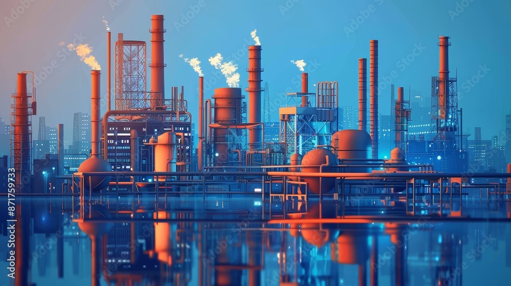 Obraz premium Industrial Complex at Dusk - An industrial complex with smokestacks emitting smoke at dusk. - An industrial complex with smokestacks emitting smoke at dusk.