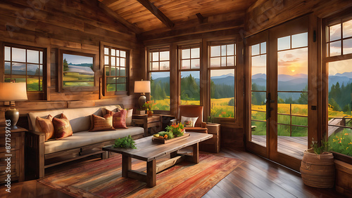 Cozy wooden cabin living room with sunset view.